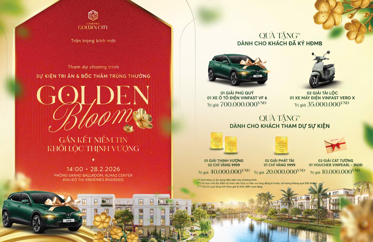 The Golden Bloom sẽ tiếp tục “thắp lửa” cho Vinhomes Golden City bằng những phần quà hấp dẫn The Golden Bloom sẽ tiếp tục “thắp lửa” cho Vinhomes Golden City bằng những phần quà hấp dẫn