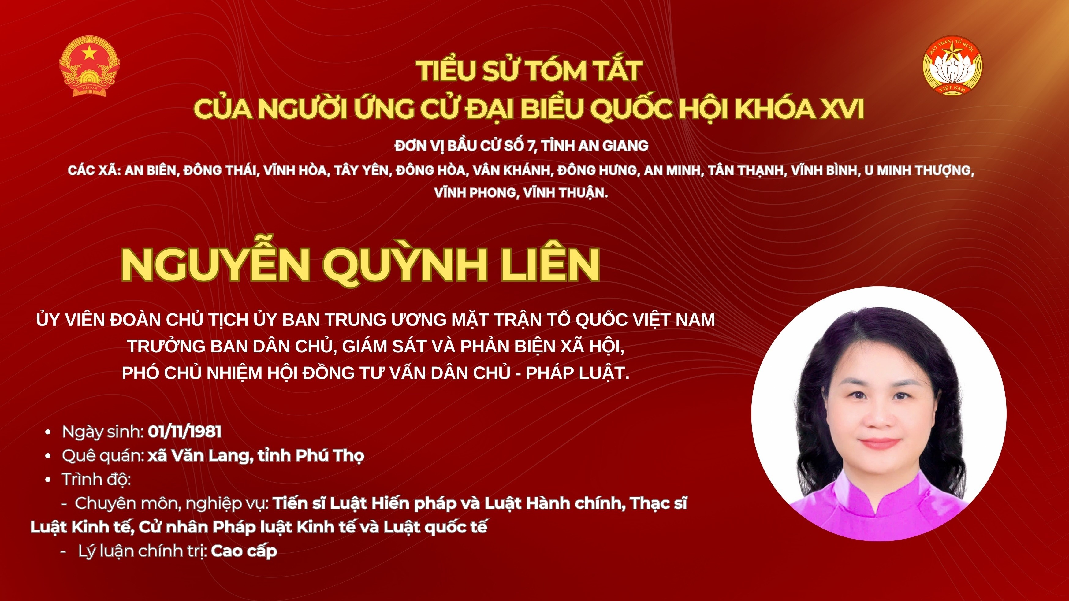 [Infographic] Bà Nguyễn Quỳnh Liên ứng cử đại biểu Quốc hội tại tỉnh An Giang