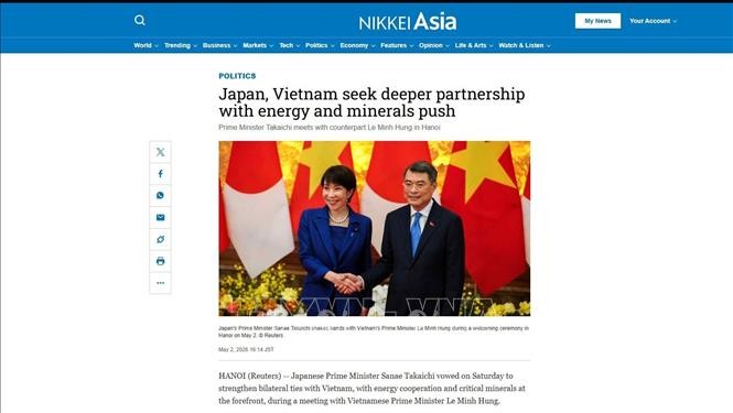 Báo Nikkei Asia đưa tin đậm nét với tiêu đề “Nhật Bản, Việt Nam thúc đẩy quan hệ đối tác với trọng tâm là năng lượng và khoáng sản” (ảnh chụp màn hình).