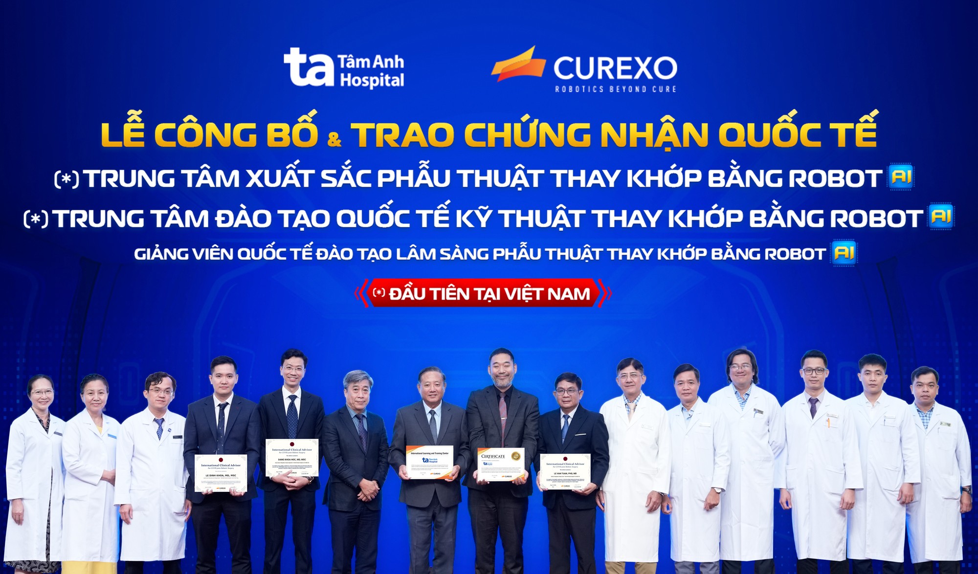 Buổi lễ trao 3 chứng nhận quốc tế xuất sắc đầu tiên tại Việt Nam về phẫu thuật thay khớp bằng robot AI CUVIS-Joint cho Bệnh viện Đa khoa Tâm Anh. Ảnh: Bệnh viện Đa khoa Tâm Anh Buổi lễ trao 3 chứng nhận quốc tế xuất sắc đầu tiên tại Việt Nam về phẫu thuật thay khớp bằng robot AI CUVIS-Joint cho Bệnh viện Đa khoa Tâm Anh. Ảnh: Bệnh viện Đa khoa Tâm Anh
