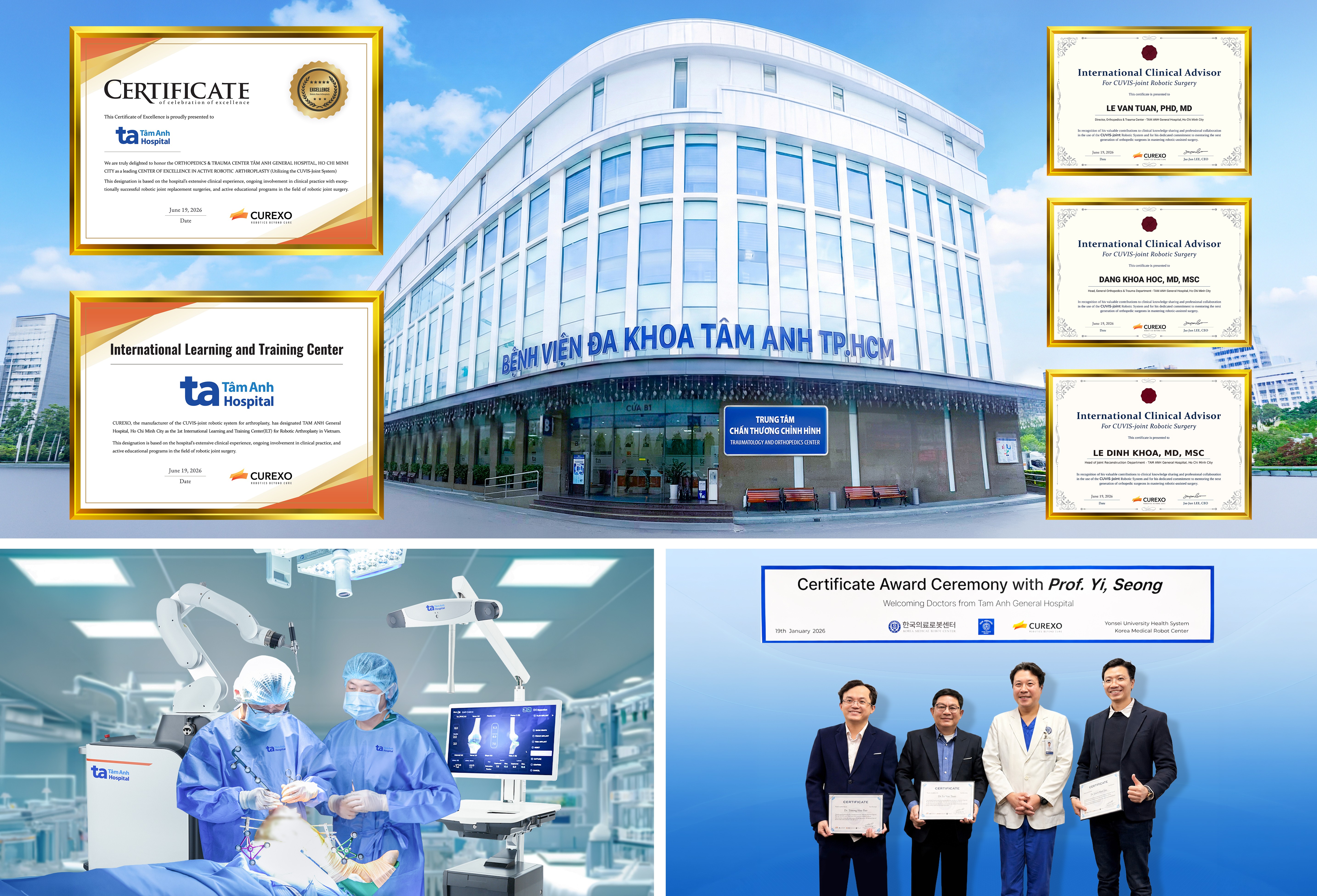Bệnh viện Đa khoa Tâm Anh đạt 3 Chứng nhận quốc tế từ CUREXO sau khi các chuyên gia được đào tạo và triển khai phẫu thuật thay khớp bằng robot AI. Ảnh: Bệnh viện Đa khoa Tâm Anh. Bệnh viện Đa khoa Tâm Anh đạt 3 Chứng nhận quốc tế từ CUREXO sau khi các chuyên gia được đào tạo và triển khai phẫu thuật thay khớp bằng robot AI. Ảnh: Bệnh viện Đa khoa Tâm Anh.