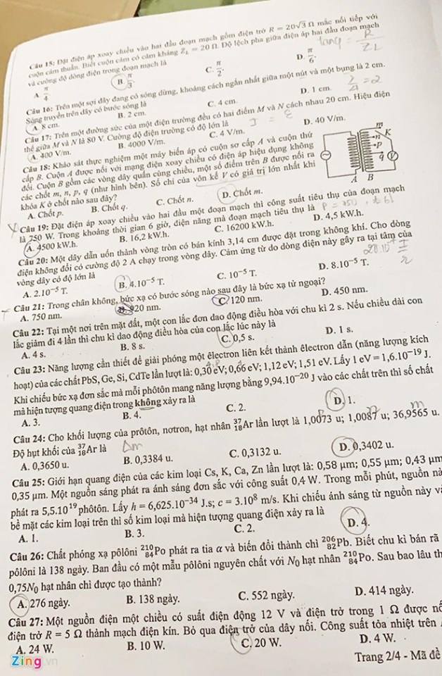 cap nhat de thi mon vat ly thpt quoc gia 2019