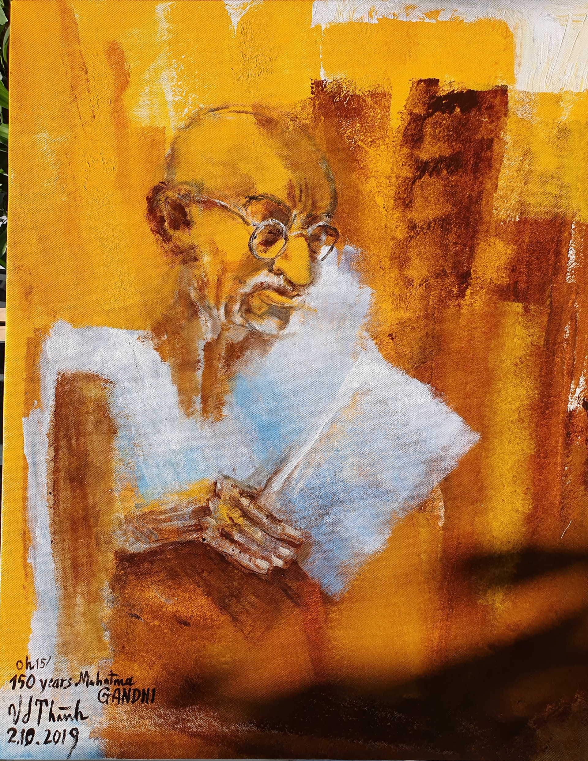 chan dung cha gia dan toc an do mahatma gandhi trong tranh cua hoa sy van duong thanh