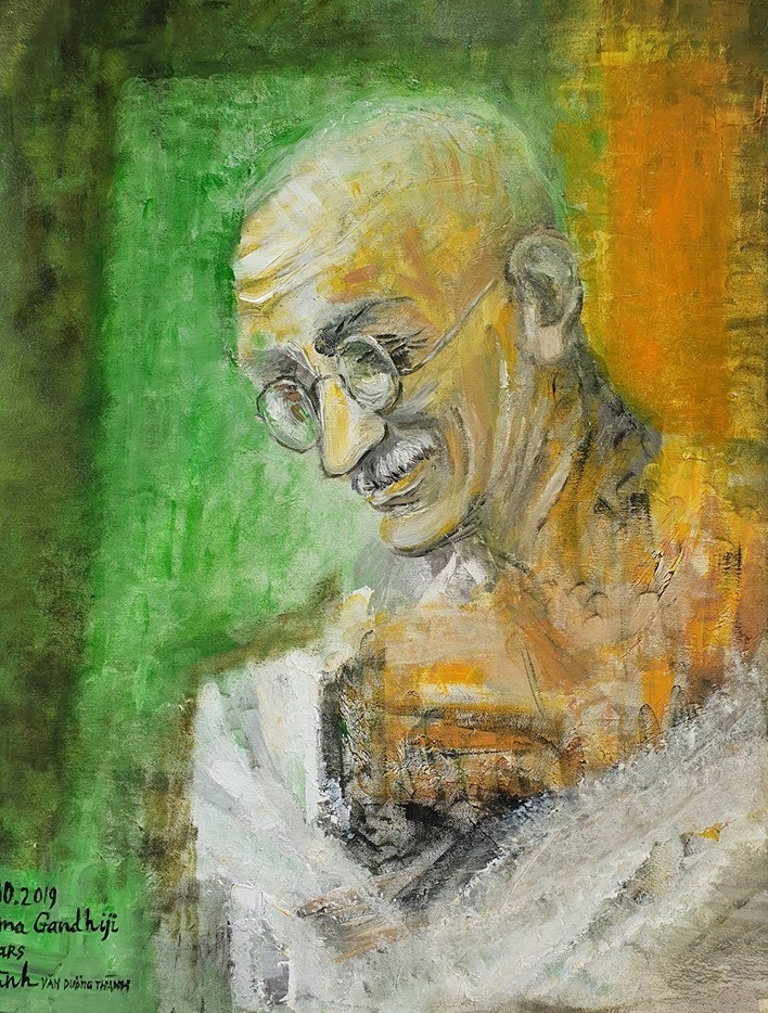 chan dung cha gia dan toc an do mahatma gandhi trong tranh cua hoa sy van duong thanh