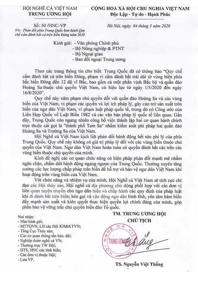 hoi nghe ca viet nam phan doi lenh cam danh bat ca cua trung quoc tren bien dong