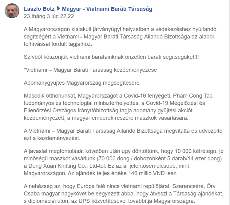 hoi huu nghi viet nam hungary quyen gop 140 trieu dong mua khau trang ung ho hungary