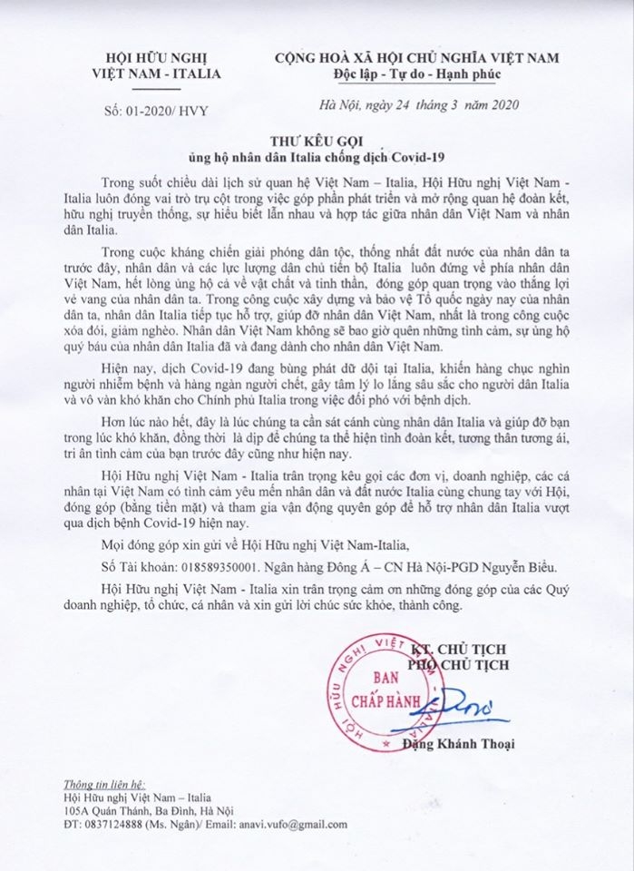 Hội hữu nghị Việt Nam-Italia kêu gọi đóng góp ủng hộ nhân dân Italia chống dịch COVID-19 hoi huu nghi viet nam italia keu goi dong gop ung ho nhan dan italia trong covid 19