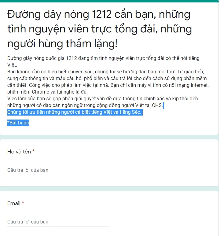 Đường dây nóng quốc gia của Cộng hòa Séc tìm tình nguyện viên biết tiếng Việt duong day nong quoc gia cua cong hoa sec tim tinh nguyen vien biet tieng viet