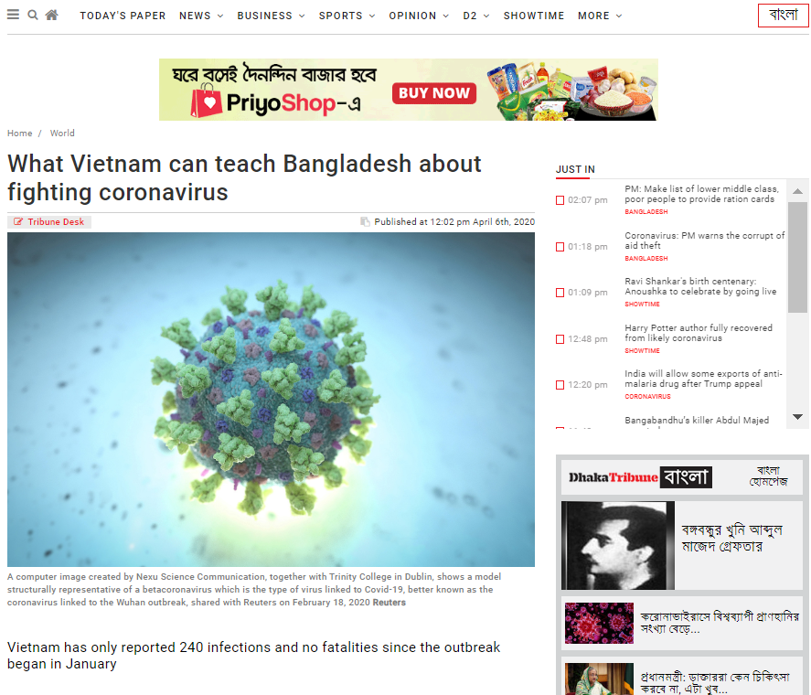 bao dhaka tribune bangladesh dua ra 3 bai hoc tu cuoc chien chong covid 19 cua viet nam