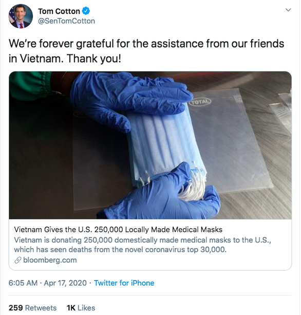 Thượng nghị sĩ Tom Cotton, Mỹ: Mãi biết ơn sự giúp đỡ từ những người bạn ở Việt Nam thuong nghi si tom cotton my mai biet on su giup do tu nhung nguoi ban o viet nam