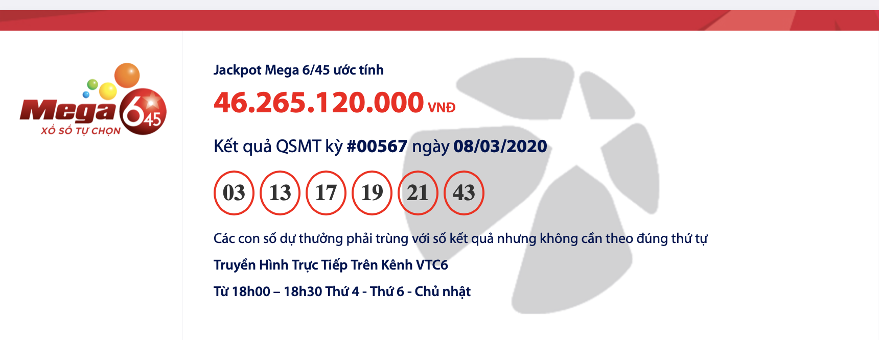 ket qua xo so vietlott mega 645 toi ngay 832020 hon 42 ti dong van thuoc ve ai