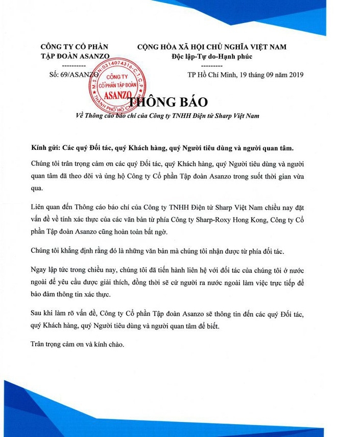tap doan sharp thong bao kien asanzo vi gia mao bang chung