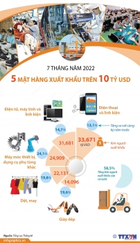 Năm mặt hàng xuất khẩu trên 10 tỷ USD trong  7 tháng năm 2022