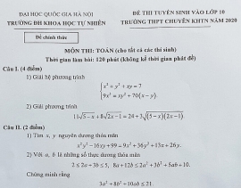 Đề thi môn toán tuyển sinh lớp 10 trường chuyên Khoa học tự nhiên
