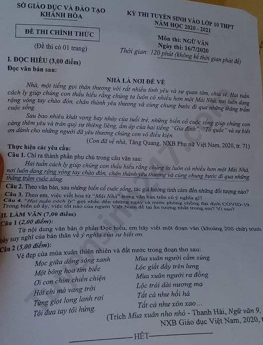 de thi ngu van tuyen sinh lop 10 vao thpt tinh khanh hoa nam 2020