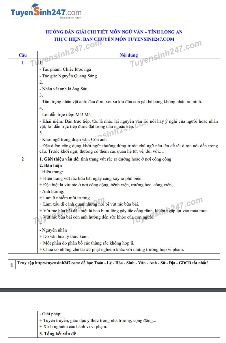 dap an de thi ngu van tuyen sinh lop 10 vao thpt tinh long an nam 2020