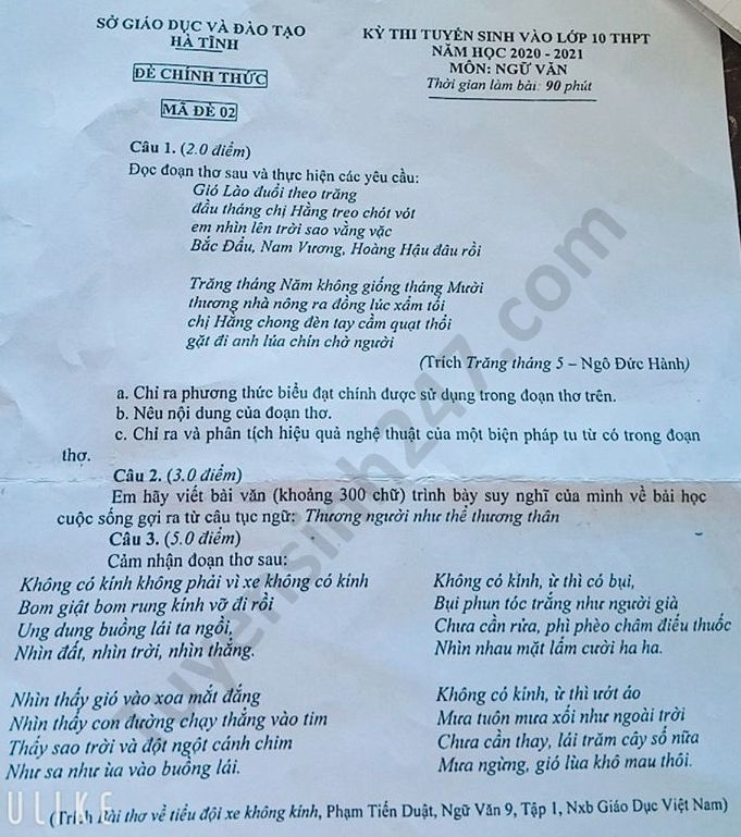de thi ngu van tuyen sinh lop 10 vao thpt tinh ha tinh nam 2020