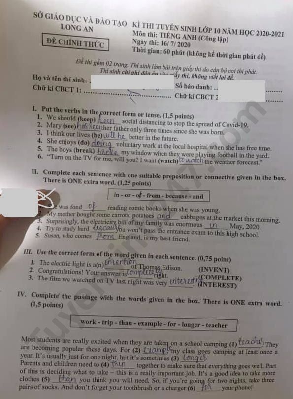 de thi anh van tuyen sinh lop 10 vao thpt tinh long an nam 2020