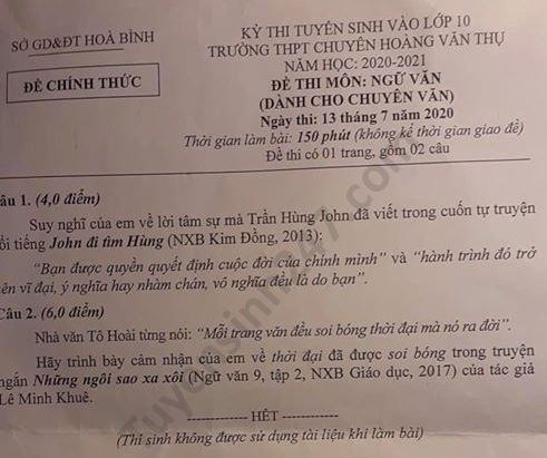 Đề thi Ngữ văn tuyển sinh lớp 10 vào THPT Chuyên Hoàng Văn Thụ tỉnh Hòa Bình năm 2020