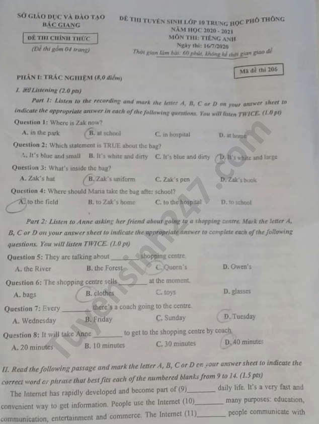 de thi anh van tuyen sinh lop 10 vao thpt tinh bac giang nam 2020