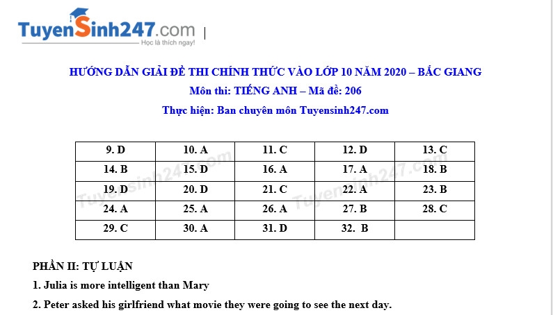 dap an de thi anh van tuyen sinh lop 10 vao thpt tinh bac giang nam 2020
