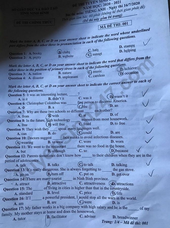 de thi anh van tuyen sinh lop 10 vao thpt tinh ninh binh nam 2020