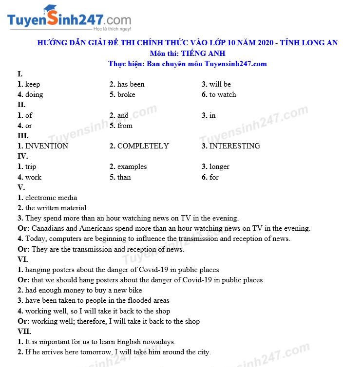 dap an de thi anh van tuyen sinh lop 10 vao thpt tinh long an nam 2020