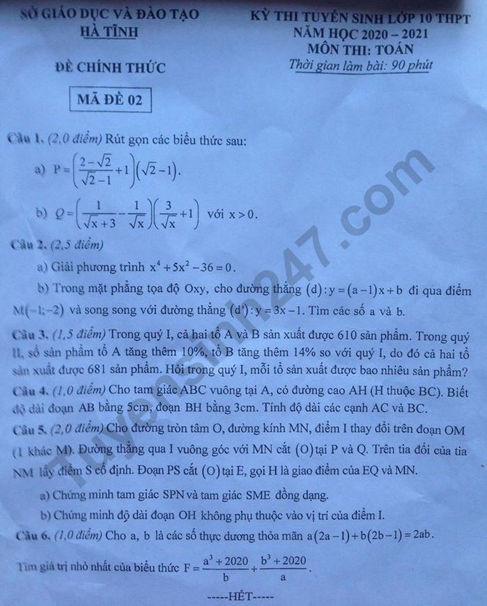 undefined 0208 de thi mon toan tuyen sinh lop 10 vao thpt tinh ha tinh nam 2020 anh1