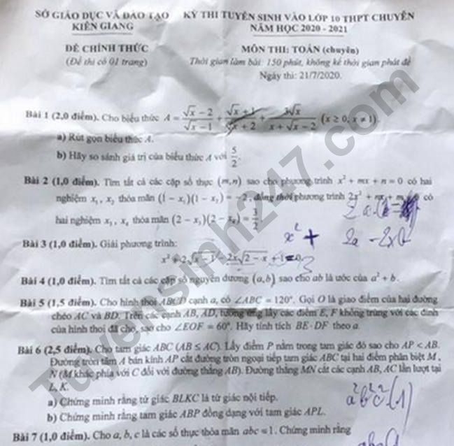 5747 dap an de thi mon toan tuyen sinh lop 10 vao thpt chuyen kien giang1