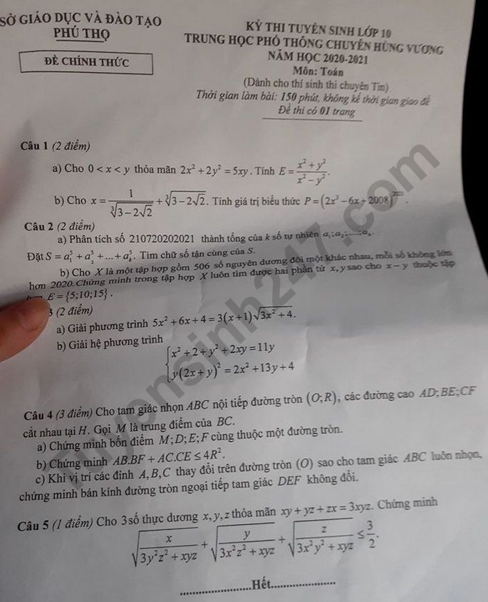 undefined 5721 de thi mon toan tuyen sinh vao lop 10 chuyen tin phu tho