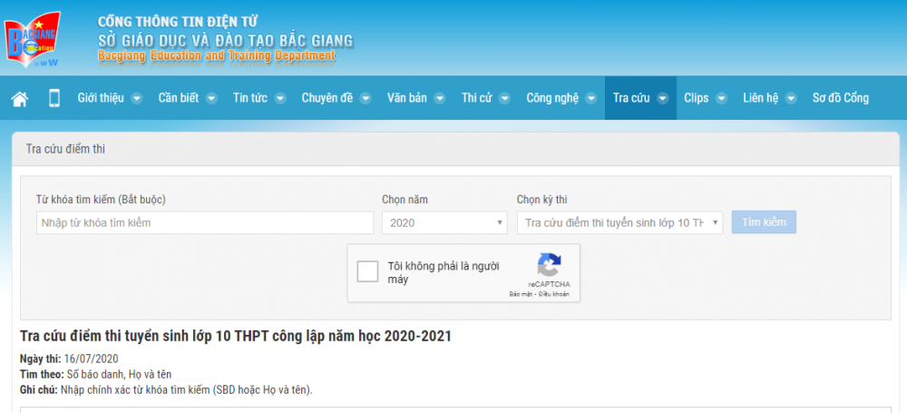 tra cuu diem thi tuyen sinh lop 10 bac giang nam 2020