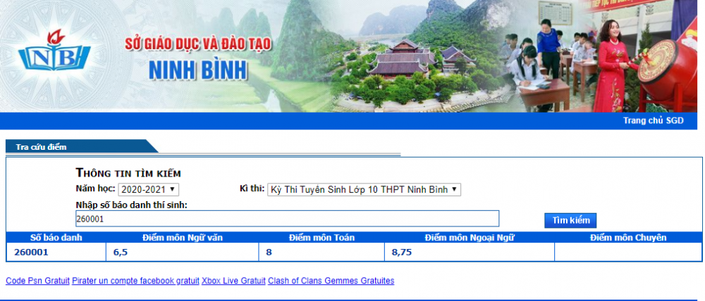 tra cuu diem thi tuyen sinh lop 10 ninh binh nam 2020