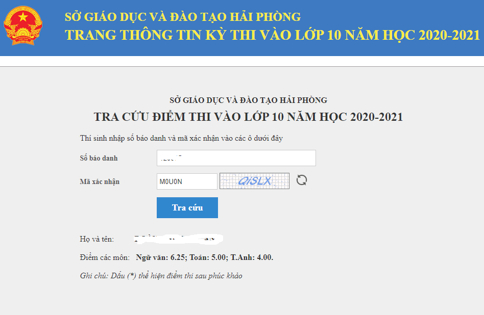 tra cuu diem thi tuyen sinh lop 10 hai phong nam 2020