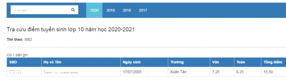 tra cuu diem thi tuyen sinh lop 10 nam dinh nam 2020