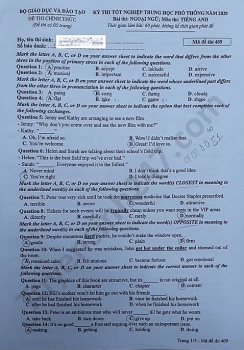 dap an de thi tieng anh ma de 409 ky thi tot nghiep thpt 2020