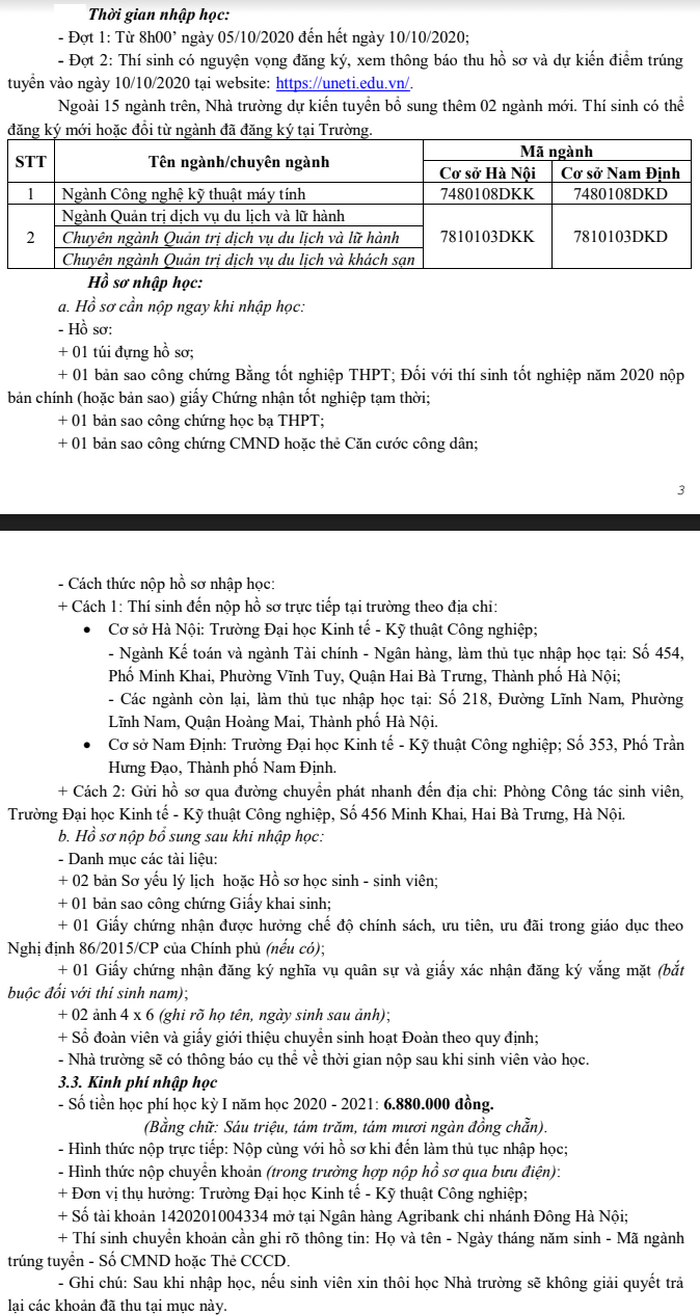 Thủ tục nhập học Đại học Kinh tế Kỹ thuật Công nghiệp năm 2020