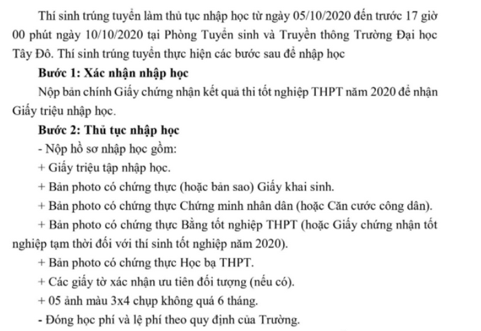 Thủ tục nhập học Đại học Tây Đô năm 2020