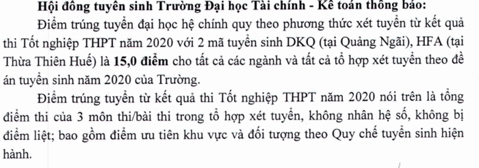 Điểm chuẩn Đại học Tài chính Kế toán chính thức năm 2020