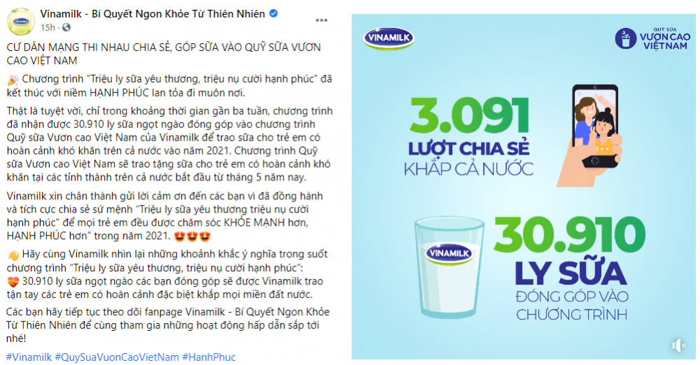 Qũy sữa Vươn cao Việt Nam của Vinamilk khởi động năm 2021 với “31.000 ly sữa yêu thương” từ cộng đồng