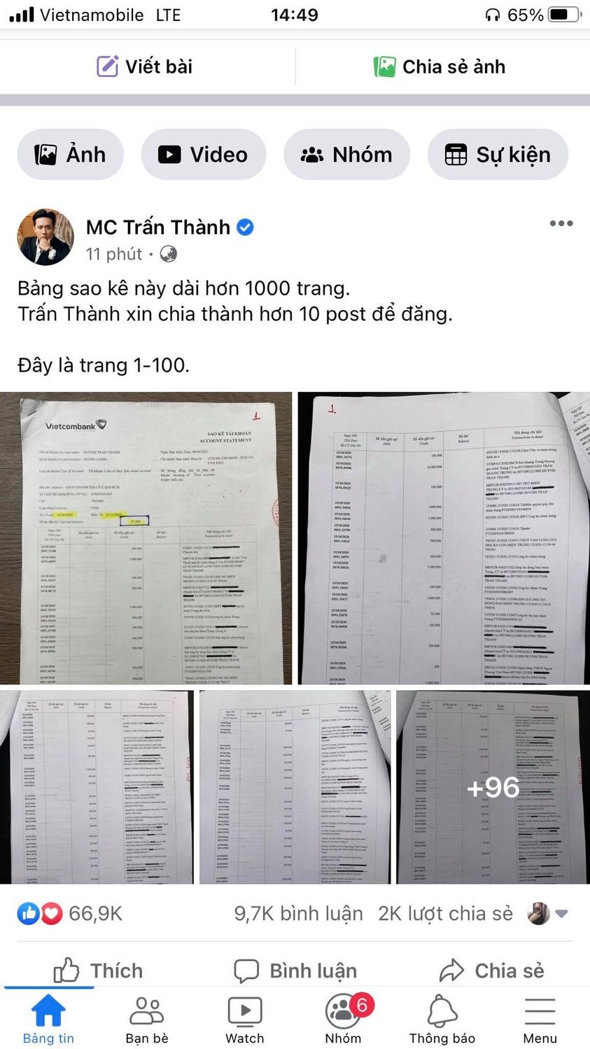 MC Trấn Thành công bố 1.000 trang sao kê tài khoản tiền từ thiện