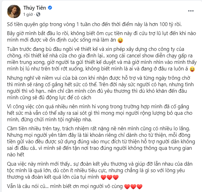 Số tiền quyên góp ủng hộ đồng bào miền Trung thông qua ca sĩ Thuỷ Tiên đã vượt mốc 100 tỷ đồng