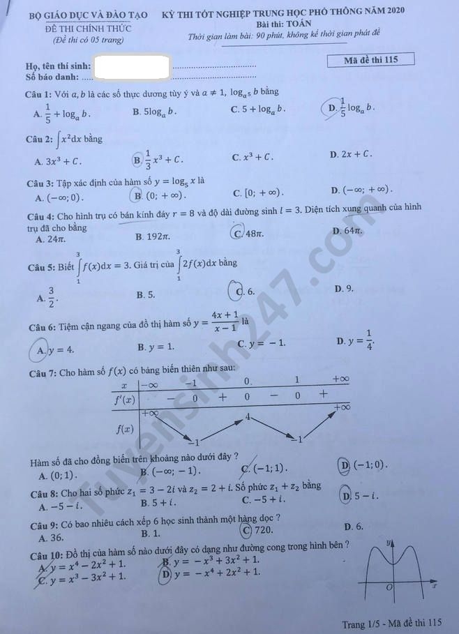 2709 de thi tot nghiep thpt mon toan 2020 ma 115 1 result