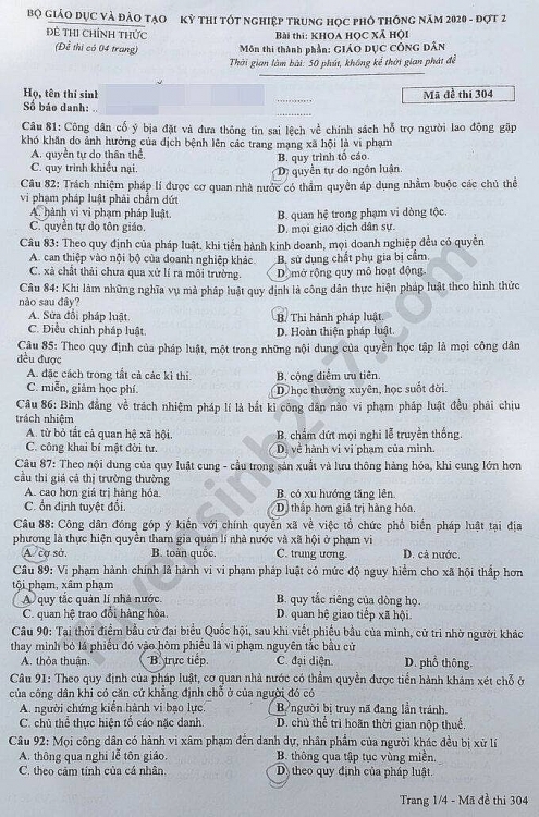 de thi mon giao duc cong dan tot nghiep thpt quoc gia 2020 dot 2