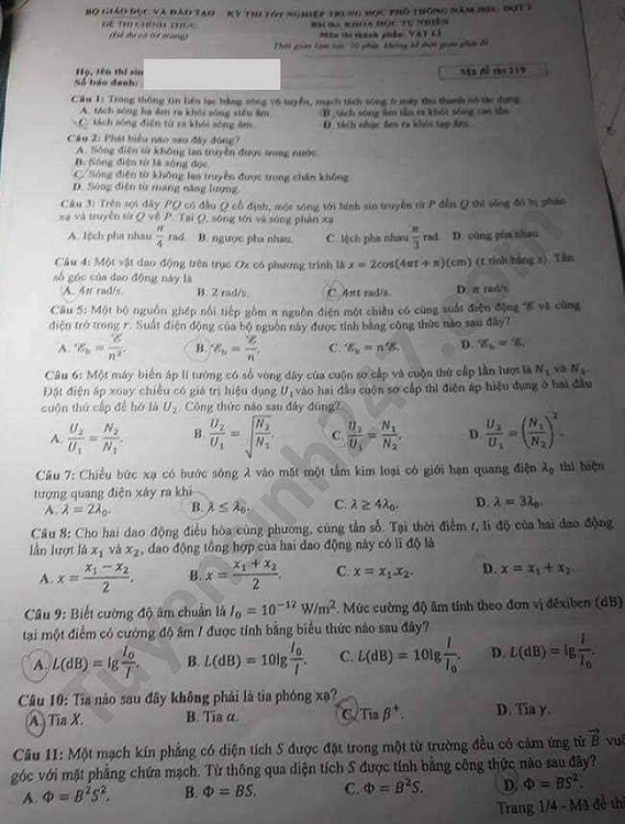 de thi mon dia ly tot nghiep thpt quoc gia 2020 dot 2