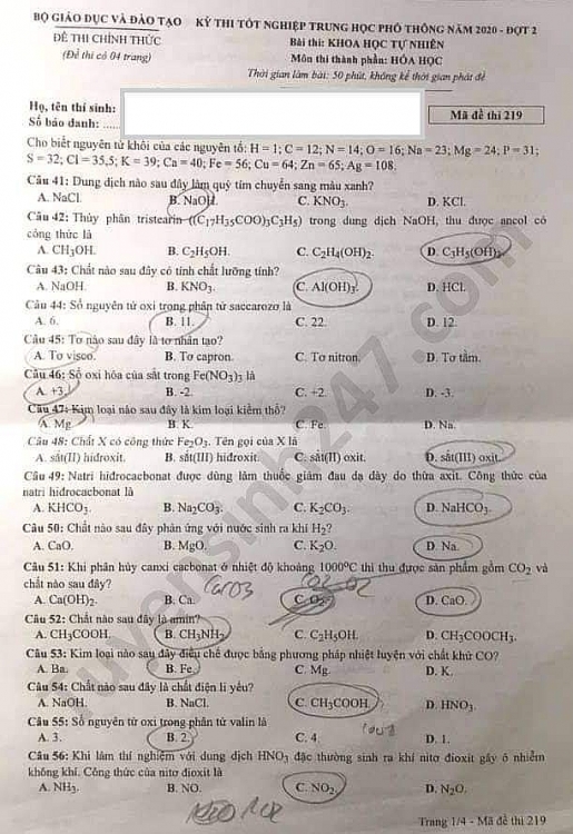 de thi mon hoa hoc tot nghiep thpt quoc gia 2020 dot 2