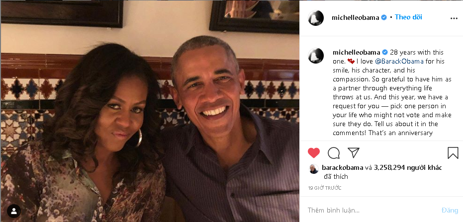 Bài đăng của Cựu đệ nhất phu nhân Michelle Obama trên Instagram được ông Obama nhấn yêu thích 