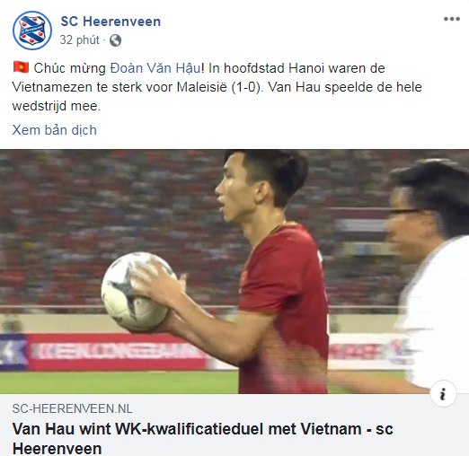 sc heerenveen chuc mung doan van hau sau chien thang vong loai world cup 2022