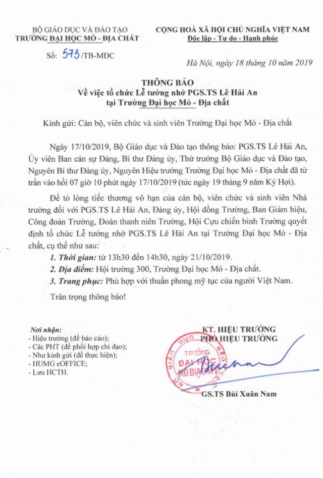 truong dh mo dia chat to chuc le tuong niem thu truong le hai an