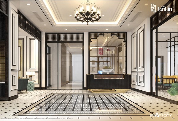 Sảnh căn hộ The Tonkin được thiết kế tinh tế, hài hòa giữa nét cổ điển, sang trọng với chất thời thượng.