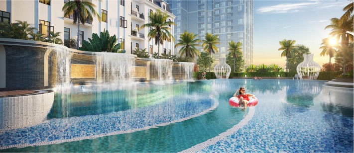 Thả mình trong làn nước trong vắt của hồ bơi rộng 1.000 m2 hay thư thái nằm nghỉ trong chòi thư giãn bên hàng cây xanh mát, cư dân sẽ có cảm giác đang ở giữa một resort sang trọng.